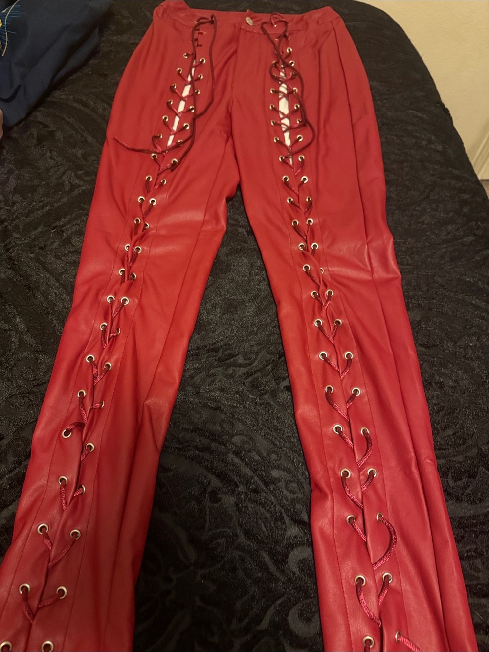 Red Lace-Up Faux Leather Pants